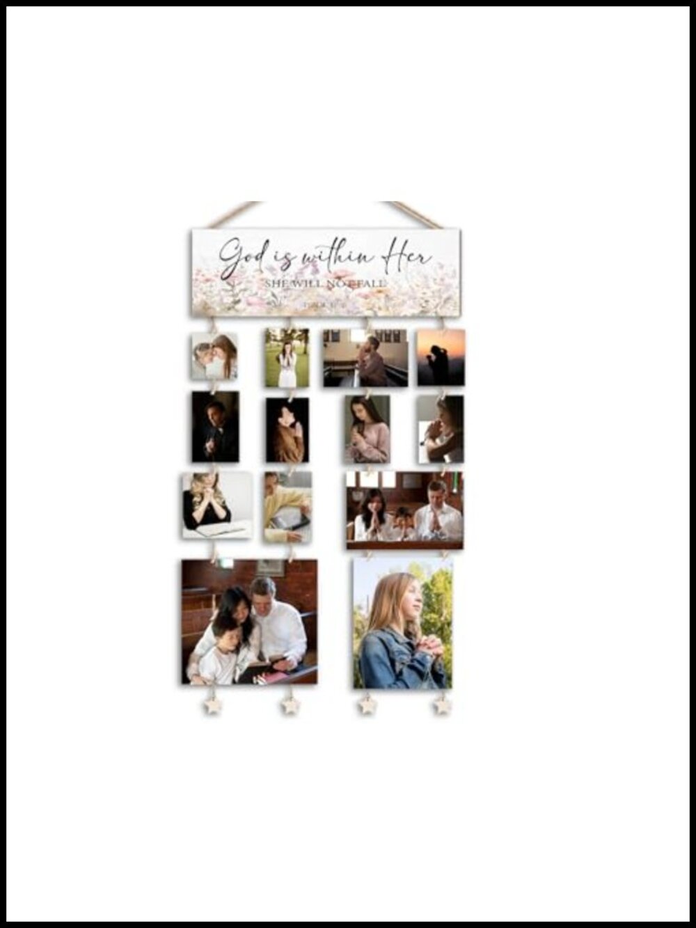Wooden Hanging Photo Collage Board 16x5 Wall Decor with Clips & Jute Cord